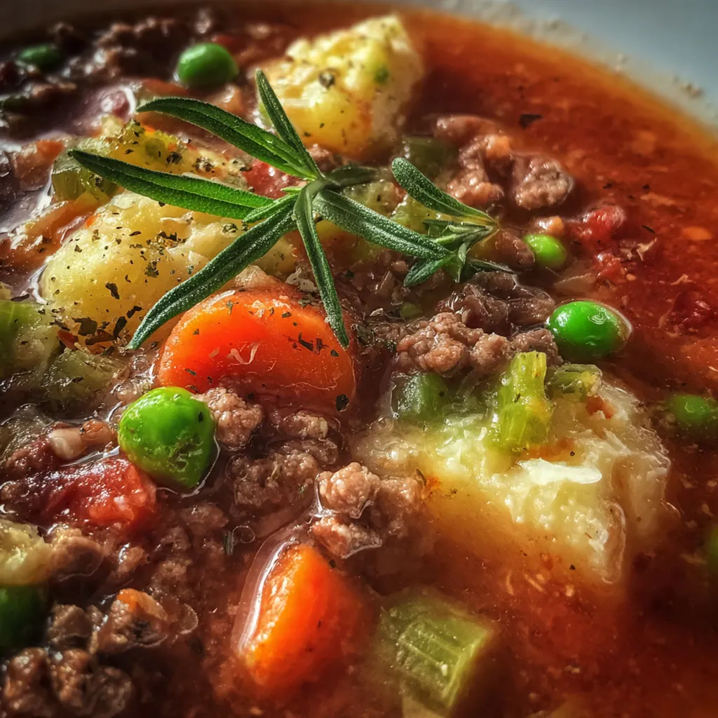 Close-up of savory ground lamb and vegetables in a rich, thyme-scented broth
