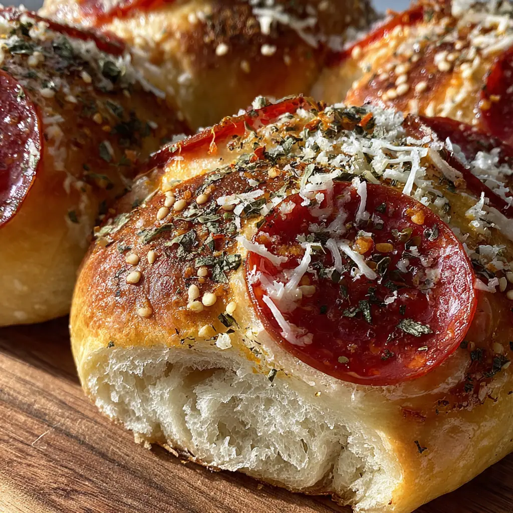 Close-up of a pepperoni roll pulled apart to reveal melted mozzarella and spicy pepperoni