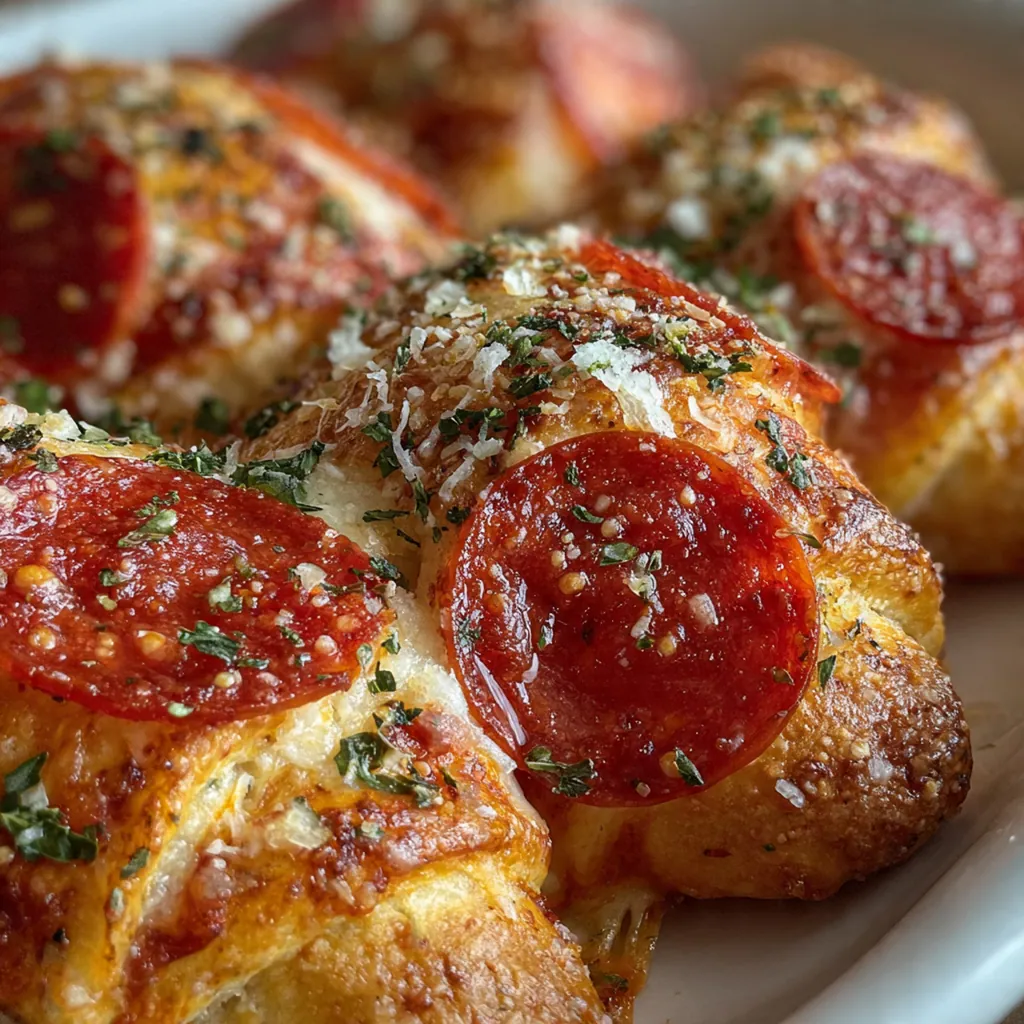 A serving plate piled high with pepperoni pizza crescent rolls next to a bowl of dipping sauce