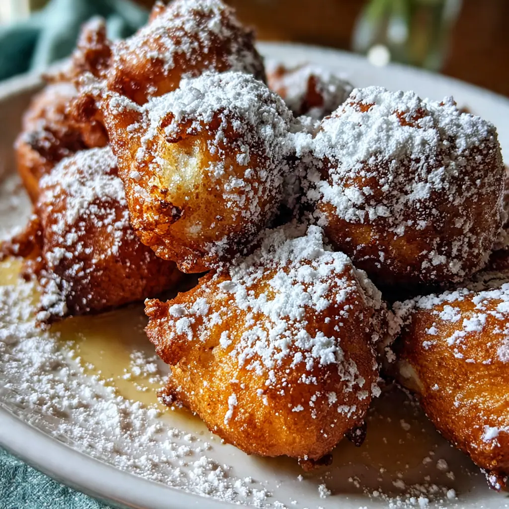 Freshly fried apple fritters coated in cinnamon sugar resting on a parchment-lined tray