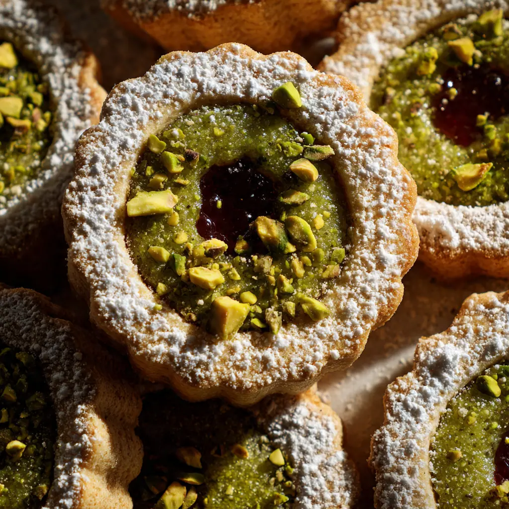 Close-up of a single cookie showing the green pistachio dough and jam-filled window