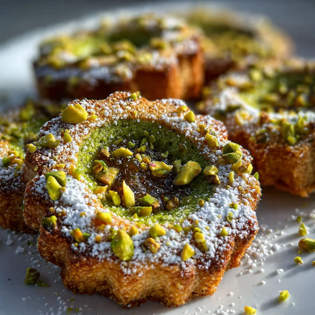 A festive holiday cookie tray featuring these pistachio linzer cookies alongside other treats