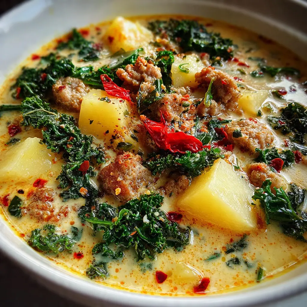 Close-up of a spoon dipping into creamy soup with crispy bacon and Parmesan cheese on top