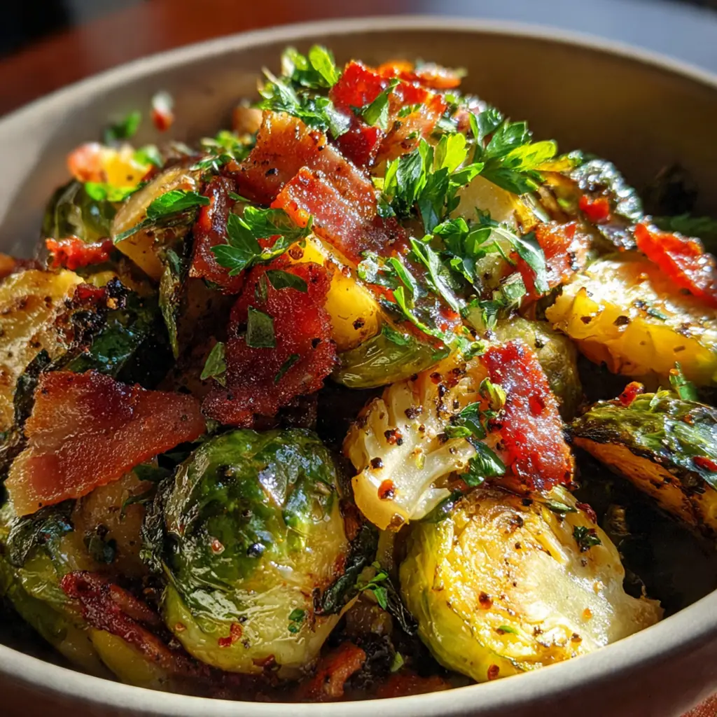A close-up of caramelized Brussels sprouts topped with crispy bacon and toasted pecans