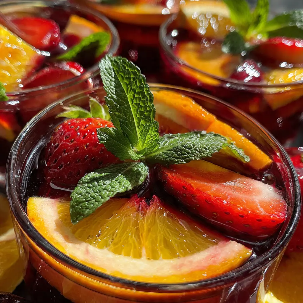 Close-up of a jiggly sangria shot garnished with a fresh mint leaf