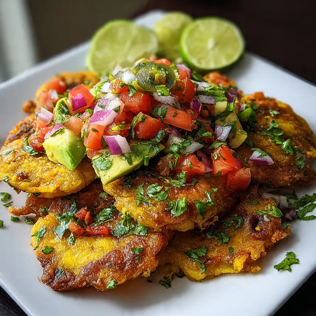 Close-up of a patacon being dipped into a vibrant green garlic-lime mojo sauce