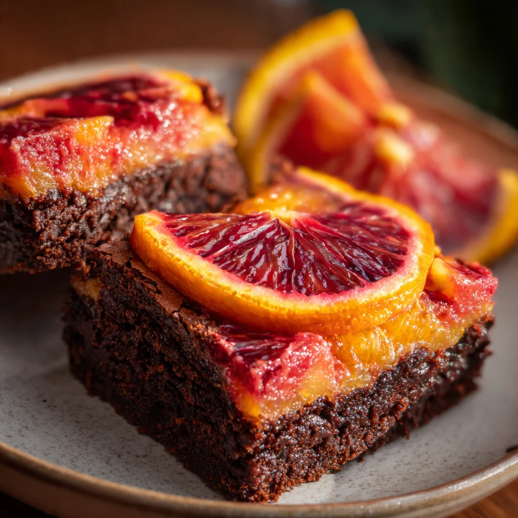 A rustic plate of brownies garnished with fresh blood orange slices and a dusting of powdered sugar
