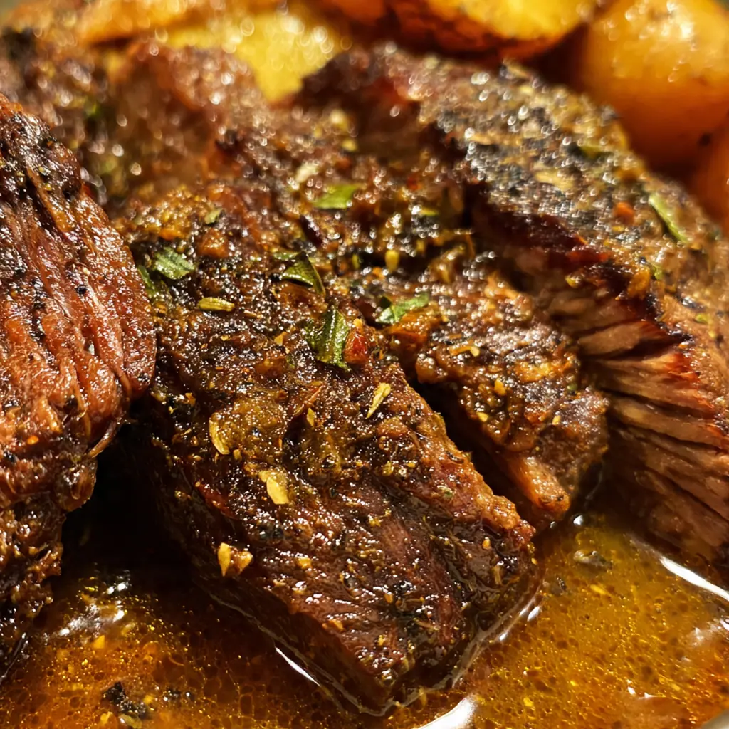 A hearty plate of sliced brisket served with mashed potatoes and steamed green beans