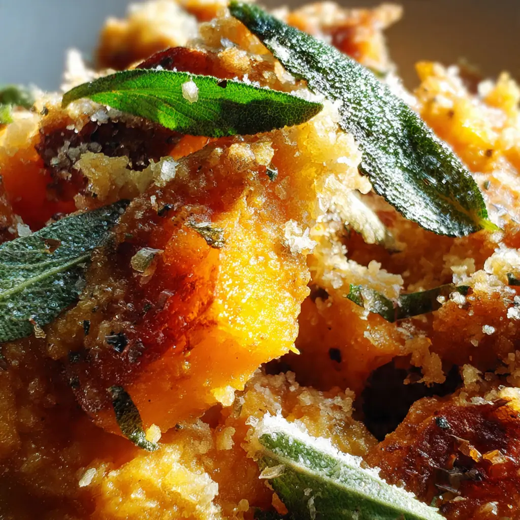 A serving of savory sweet potato casserole garnished with fresh sage on a holiday dinner plate