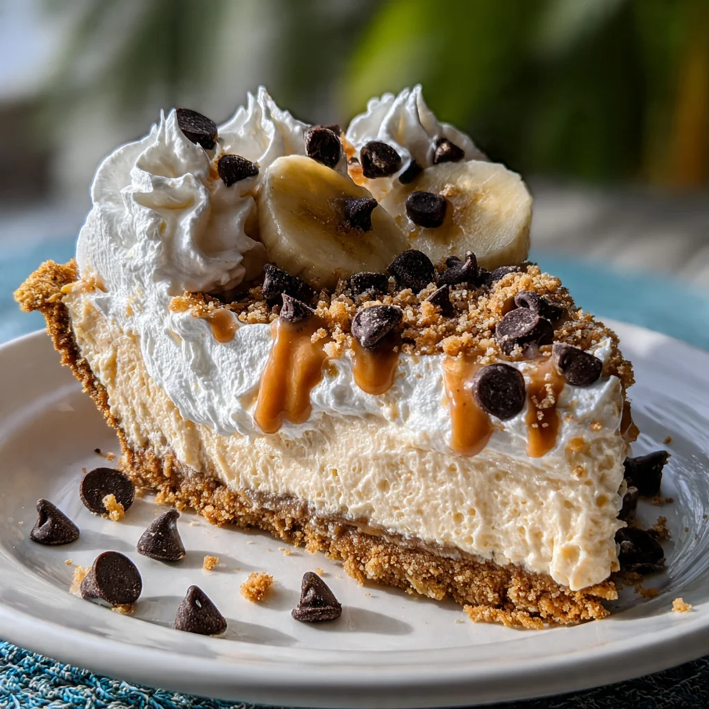 Close-up of a perfect slice of peanut butter pie with layers of chocolate cookie crust and light peanut butter filling