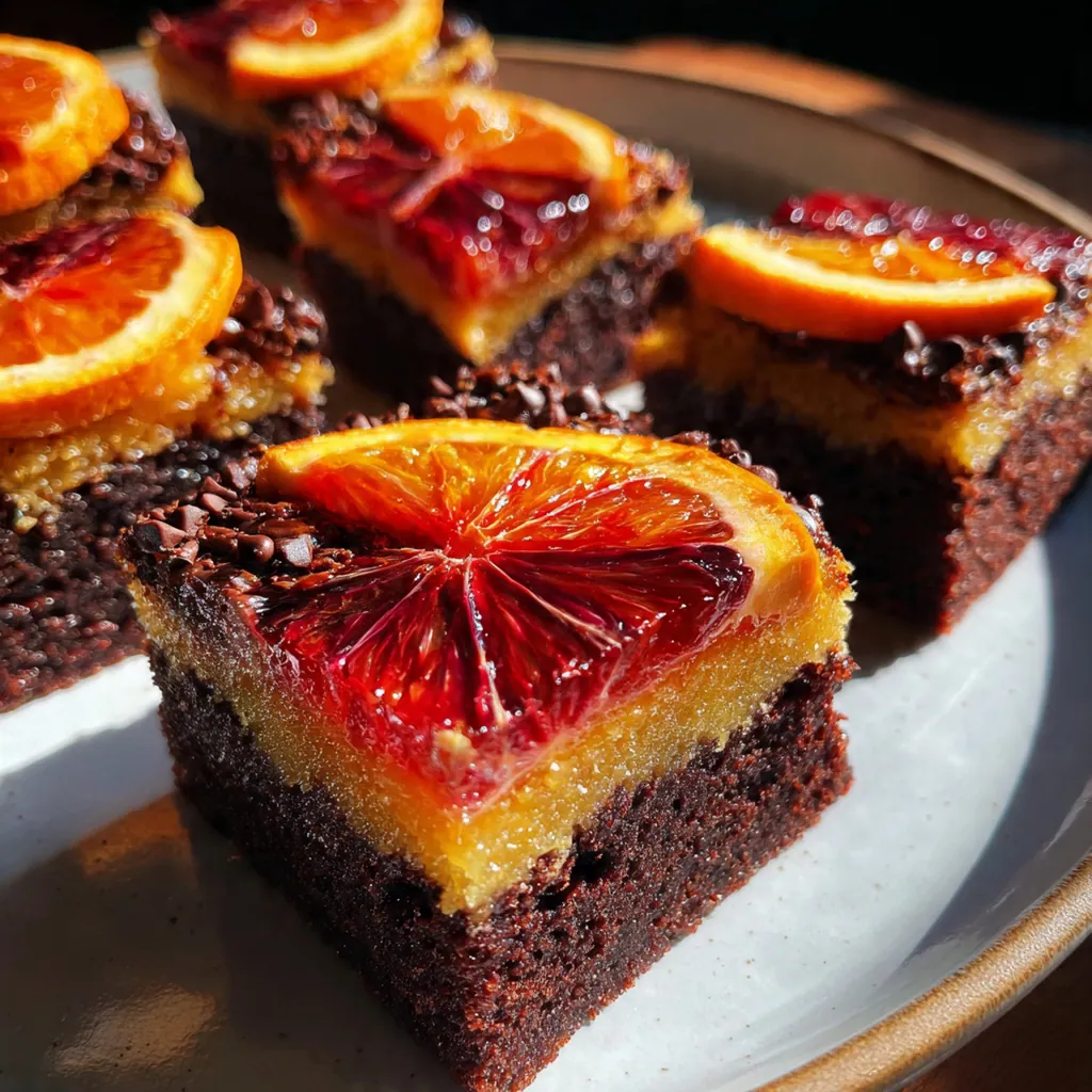 Close-up shot of a square blood orange curd brownie showing the marbled layers and fudgy texture