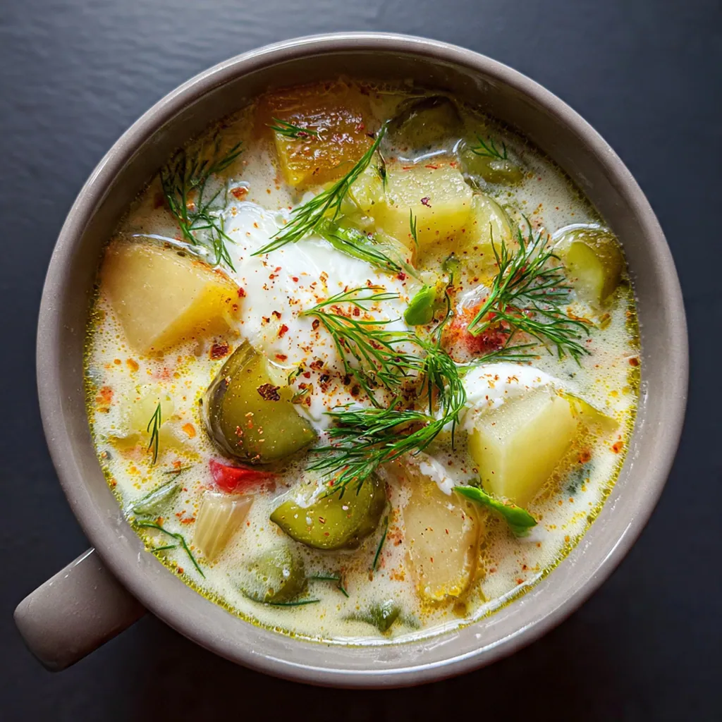 Overhead view of a rustic table setting featuring dill pickle soup, crusty bread, and a small bowl of sour cream