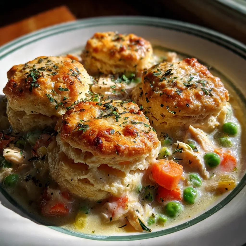 Close-up of a biscuit chicken pot pie showing the tender biscuits and rich chicken filling