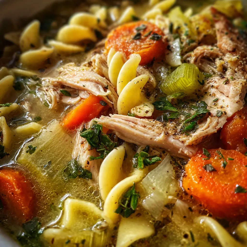 Overhead shot of fresh soup ingredients like onion, carrots, and herbs next to a pot of broth