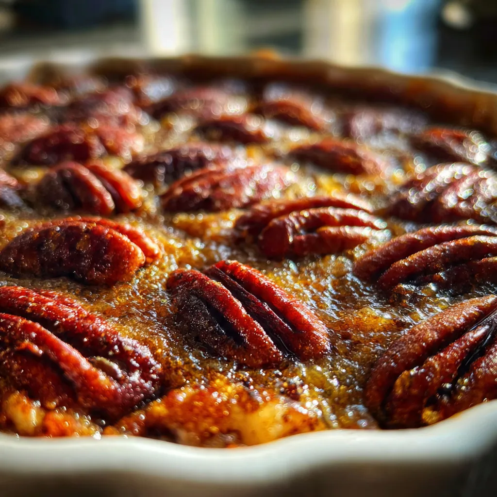 Close-up of a warm spoonful of pecan cobbler with gooey sauce and toasted pecans next to a scoop of vanilla ice cream