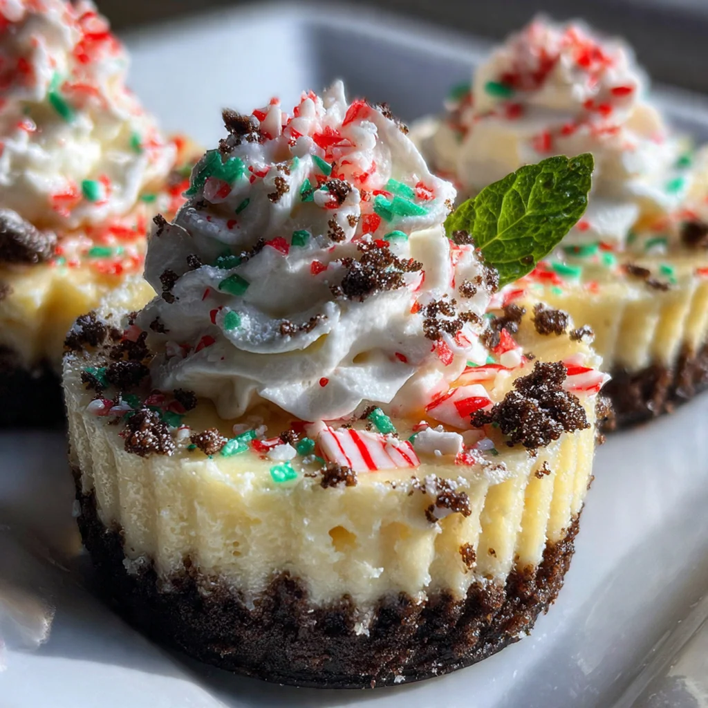 Close-up of a single mini cheesecake showing the layered graham cracker crust and creamy mint filling