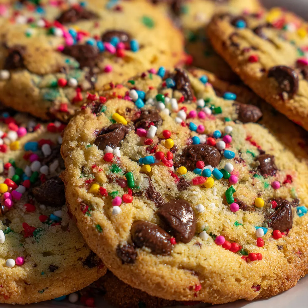 Close-up of a chewy red velvet cookie packed with white chocolate chips and colorful candy