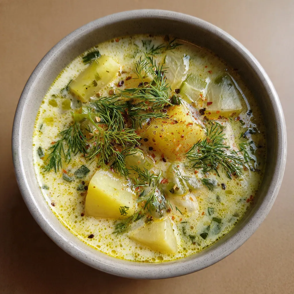 Close-up of a wooden spoon dipping into thick, creamy dill pickle soup with visible vegetables