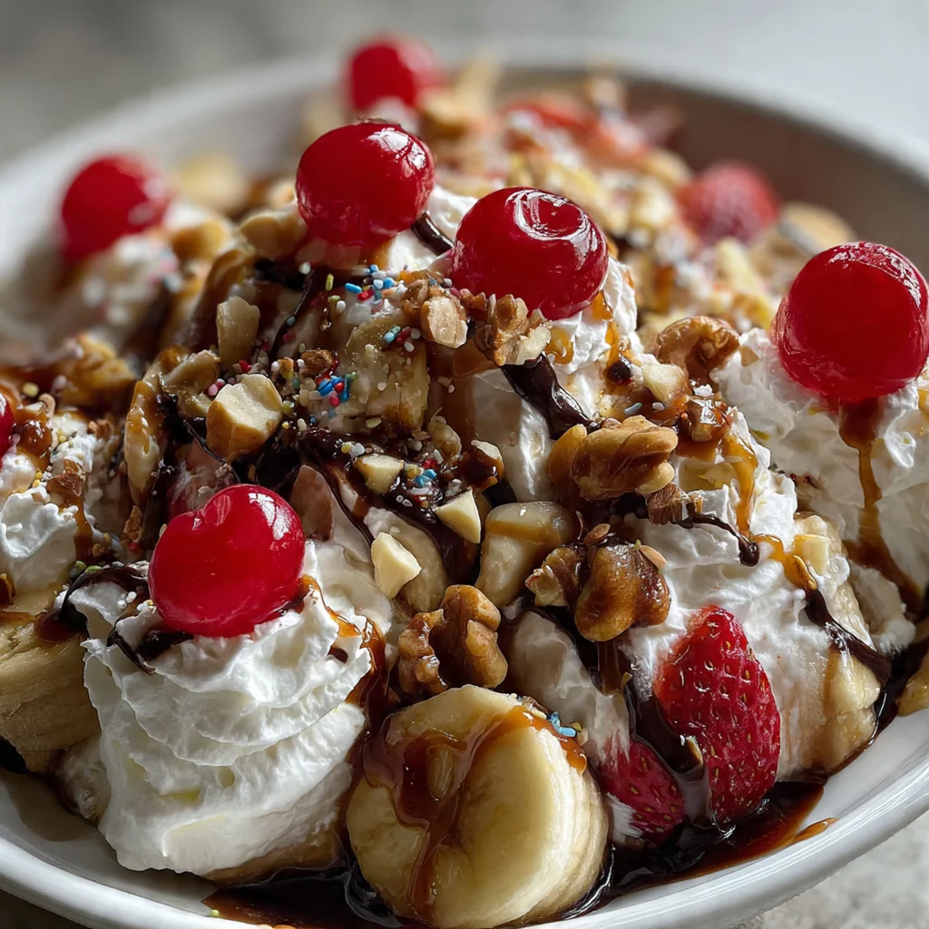 Colorful ingredients for a banana split laid out on a counter: bananas, ice cream pints, and sauce jars