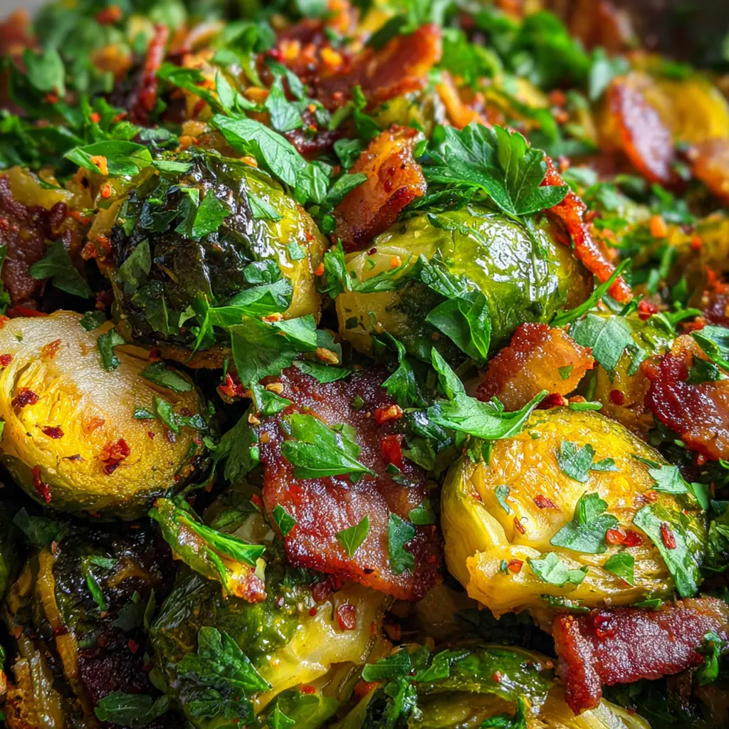Golden brown Brussels sprouts roasting on a parchment-lined baking sheet fresh from the oven