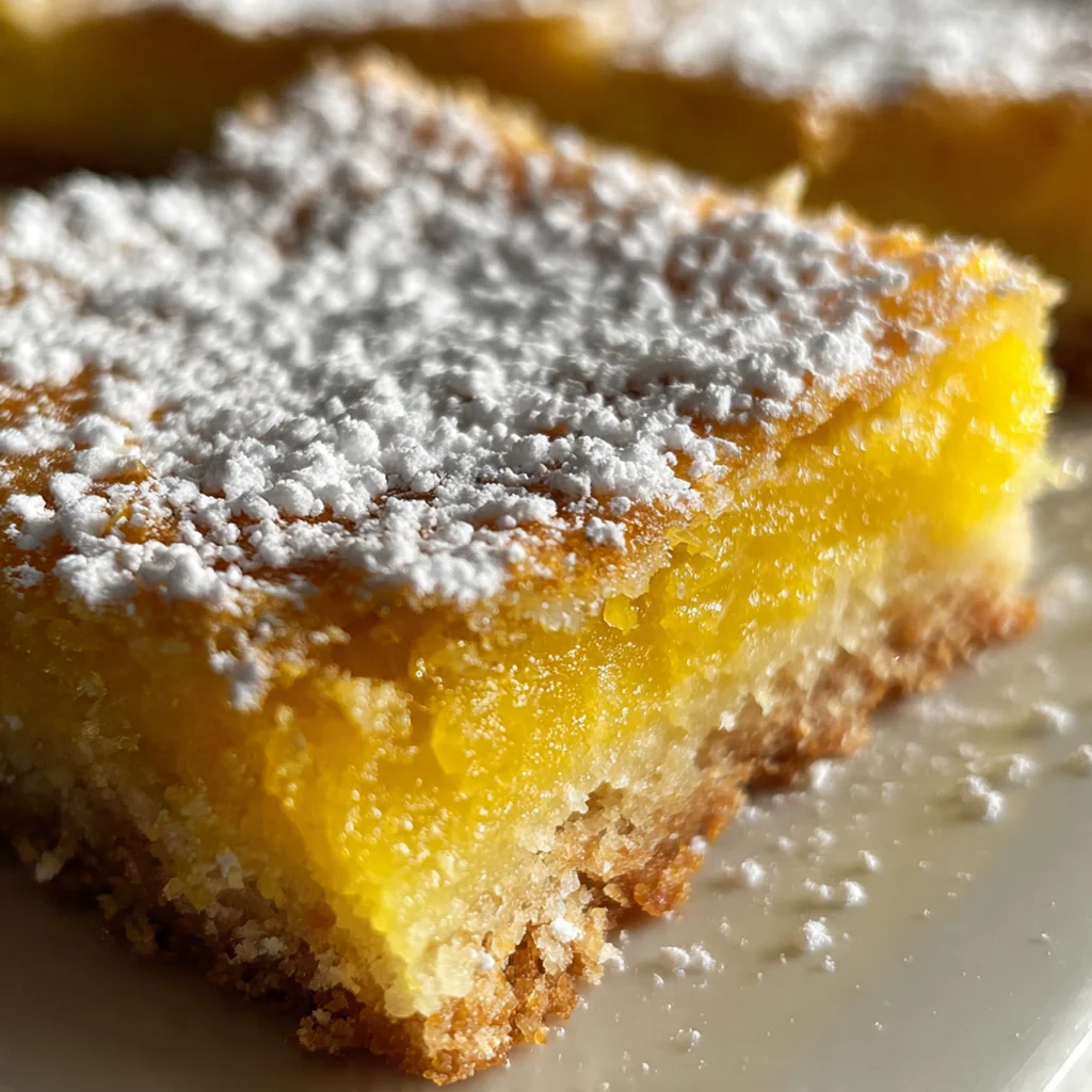 Close-up of a perfect lemon bar square showing the thick yellow filling and crumbly shortbread crust