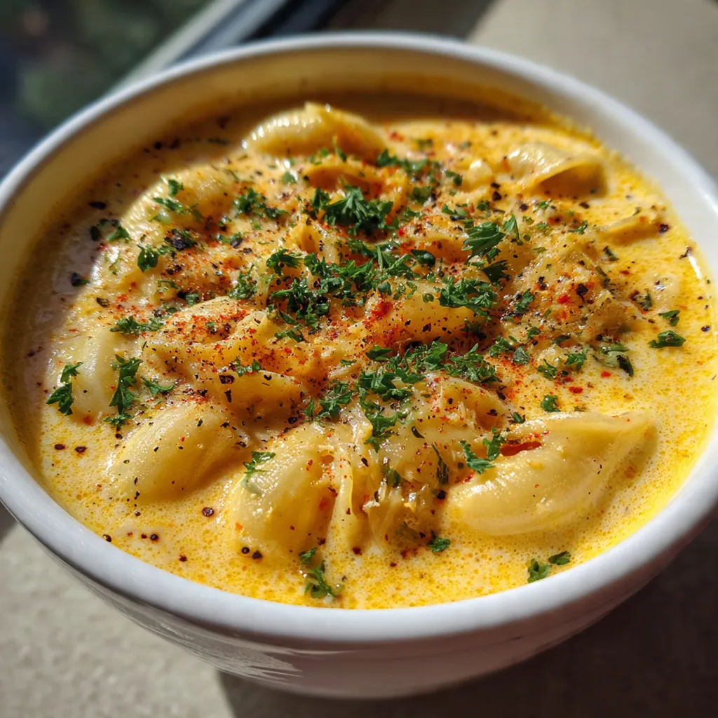 A cozy bowl of mac and cheese soup served next to a green salad and garlic bread
