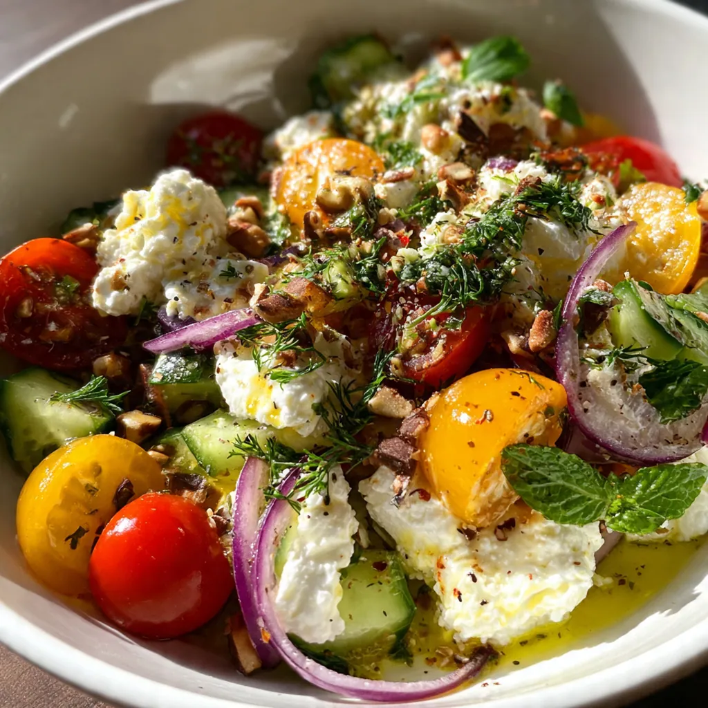 Close-up of a spoon digging into the creamy cottage cheese and tomato cucumber layers