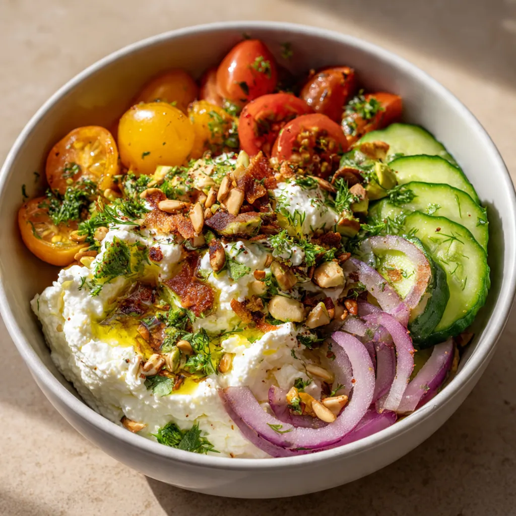 Fresh ingredients for the bowl including cottage cheese, chickpeas, dill and lemon on a wooden board