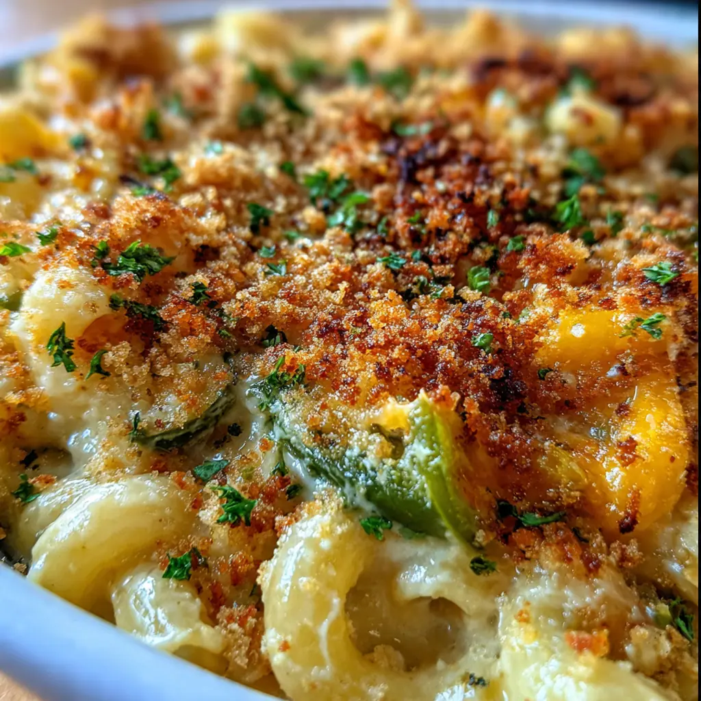 A serving of poblano mac and cheese on a plate next to a green salad and a glass of white wine