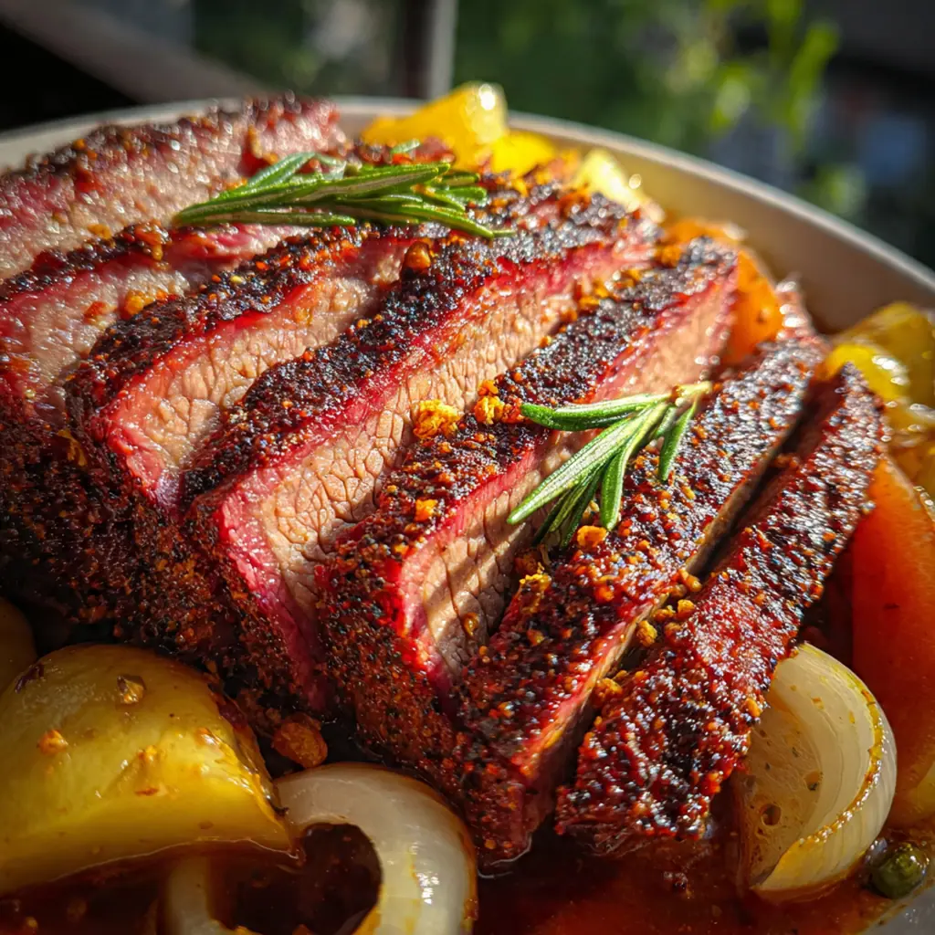 Close-up of caramelized onions and carrots nestled around the braised brisket