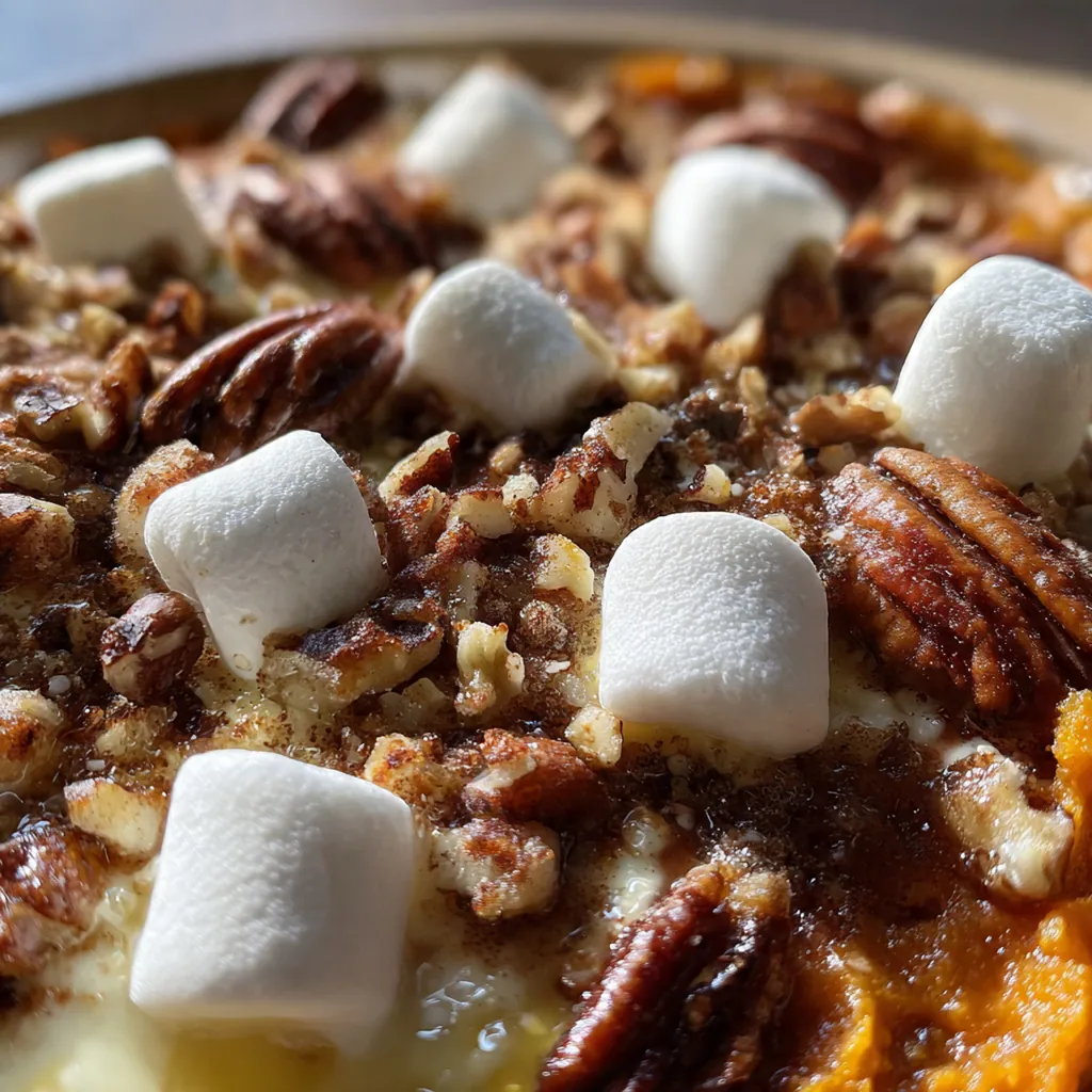 A serving of sweet potato casserole on a plate next to roasted turkey and green beans