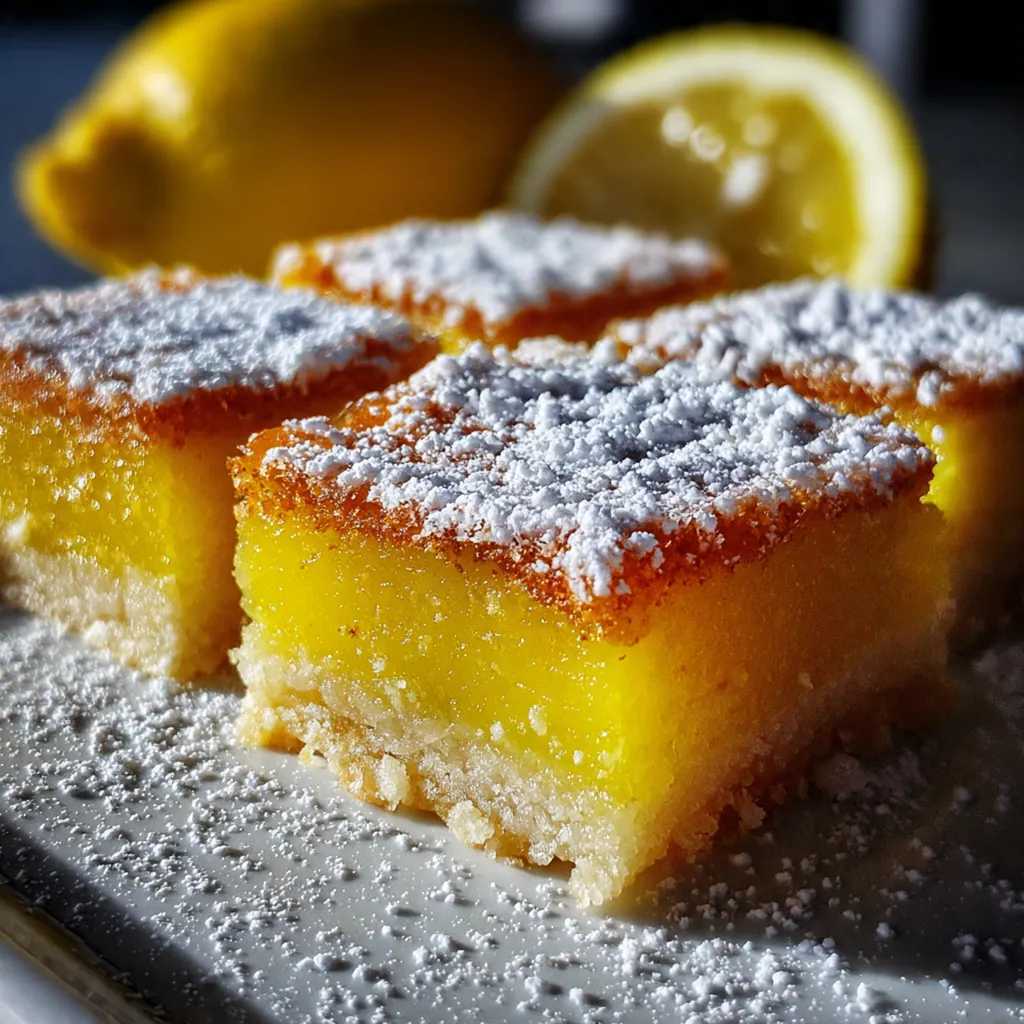 A vintage plate stacked with bright lemon bars next to a bowl of fresh whole lemons
