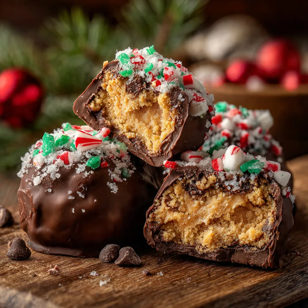 A holiday platter overflowing with dipped peanut butter balls, chocolate drizzles, and seasonal decorations