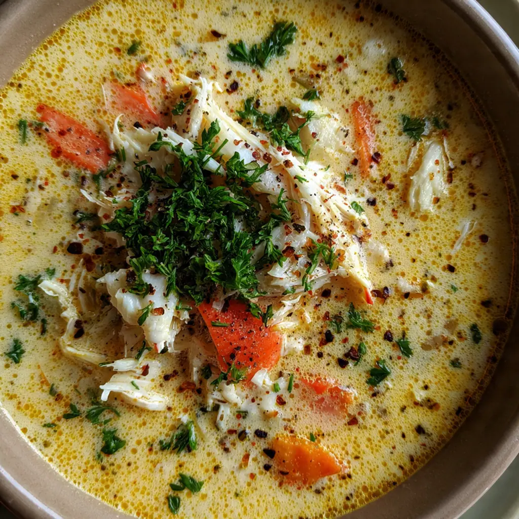 Close-up of a spoon dipping into rich bisque with chunks of crab and herbs