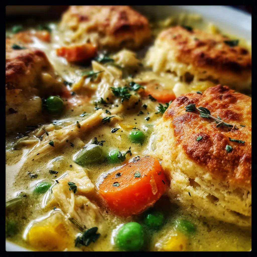 A served plate of biscuit chicken pot pie with a side salad and fresh parsley garnish