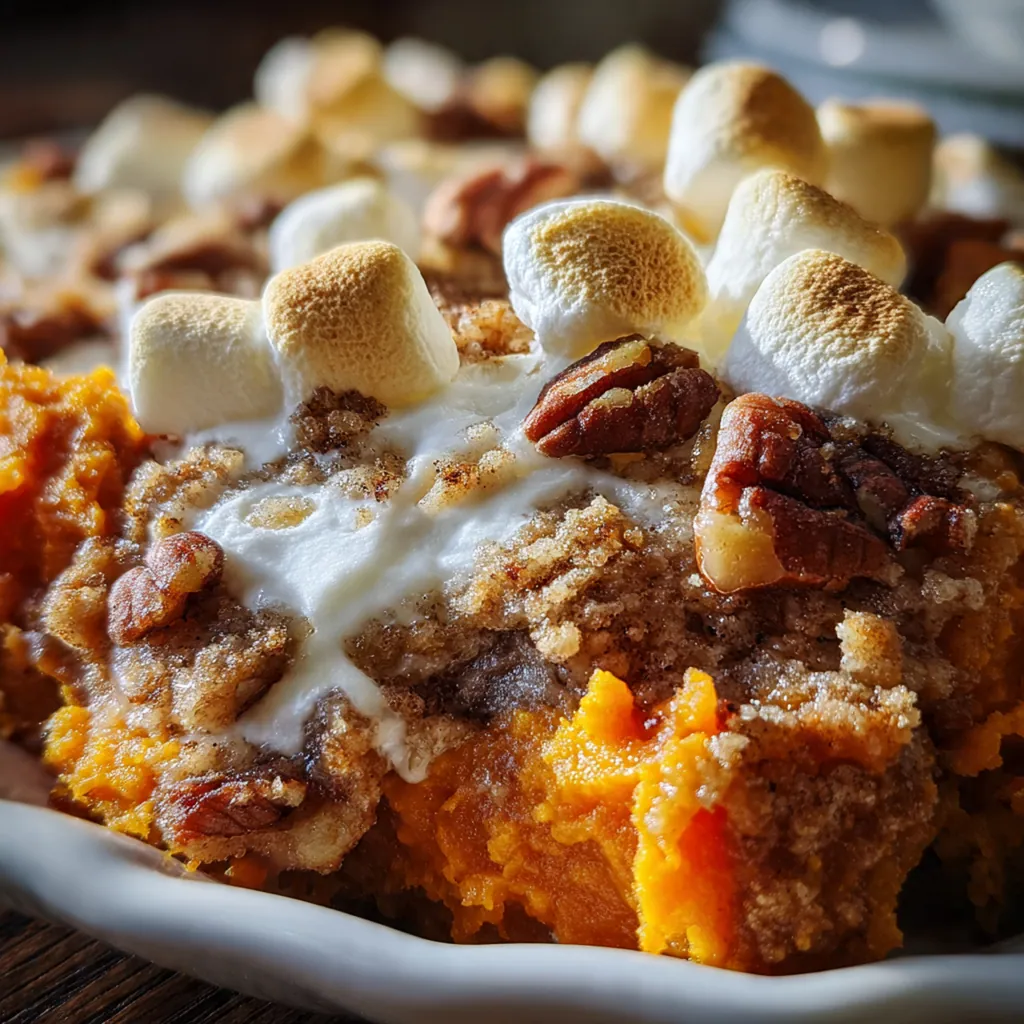 Close-up of the crunchy pecan and brown sugar topping over smooth spiced sweet potatoes