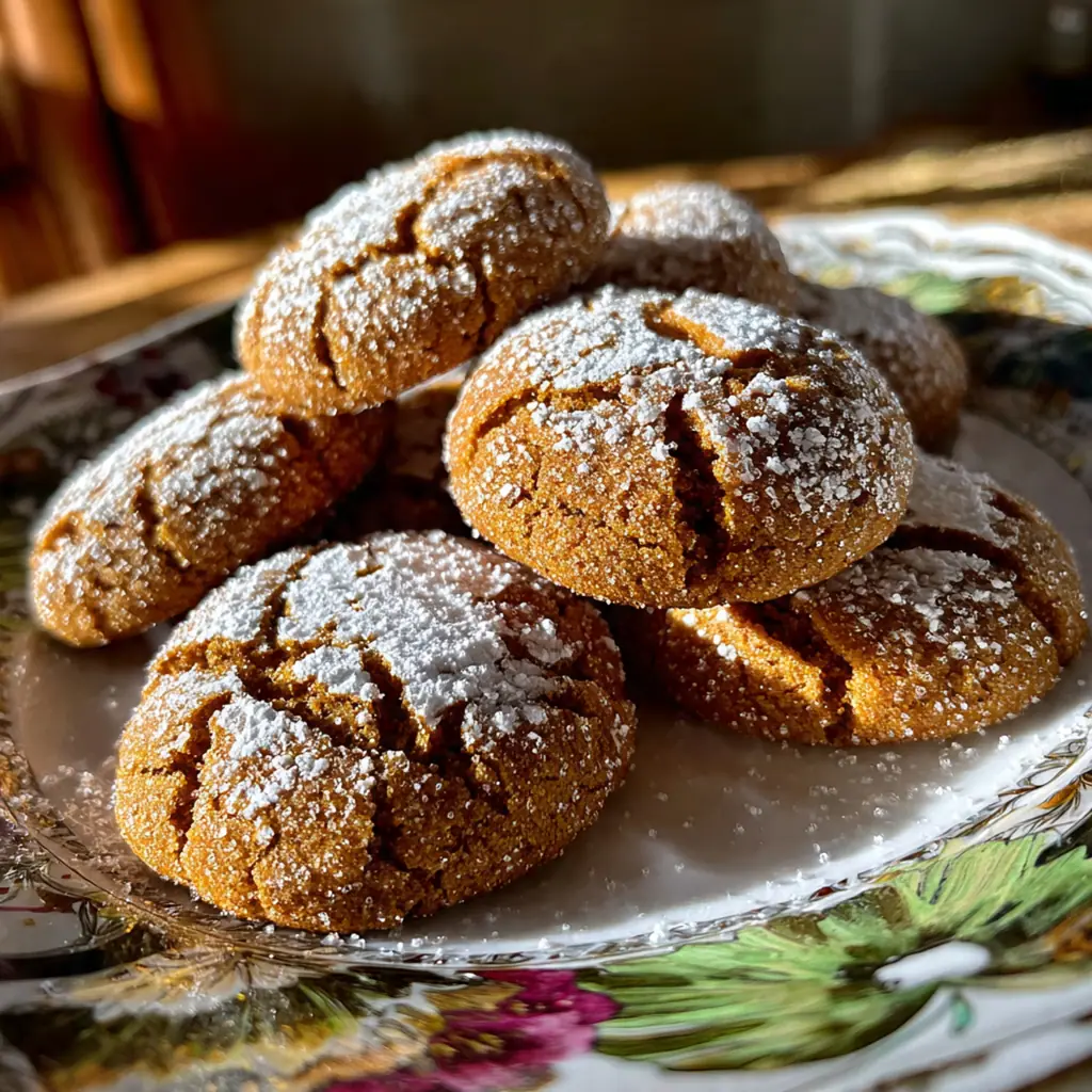 Close-up of a single gingerbread crinkle cookie broken in half to reveal its perfectly soft and chewy interior