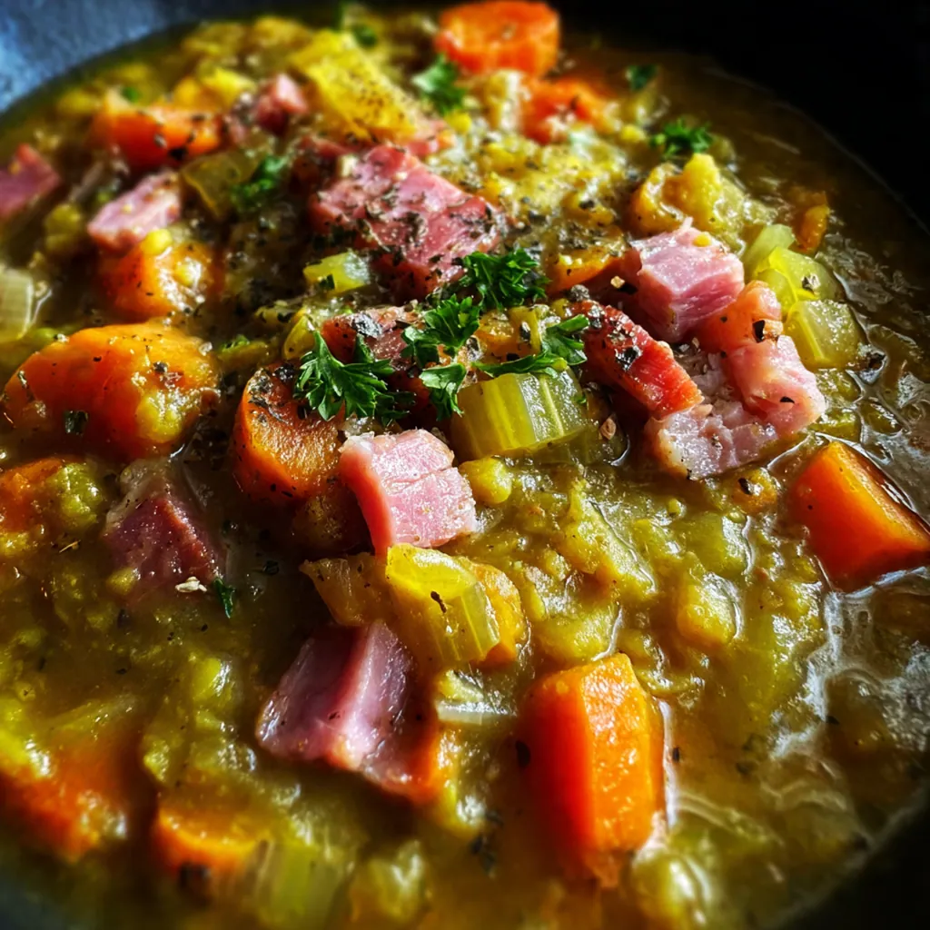 Close-up of a spoonful of split pea soup garnished with fresh green parsley