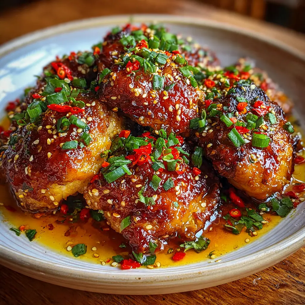 Close-up of a perfectly baked chicken thigh with crispy skin, drizzled with sauce and garnished with green onions