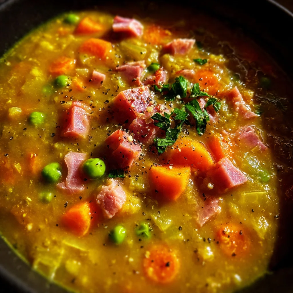 A slow cooker filled to the brim with hearty, steaming split pea soup