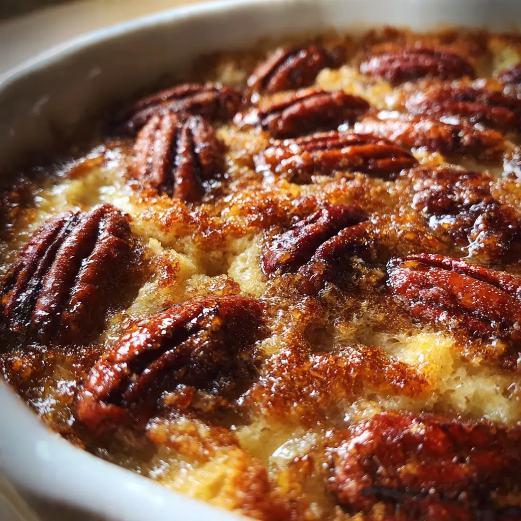 A rustic baking dish filled with homemade pecan cobbler, ready to serve at a family gathering or holiday dinner