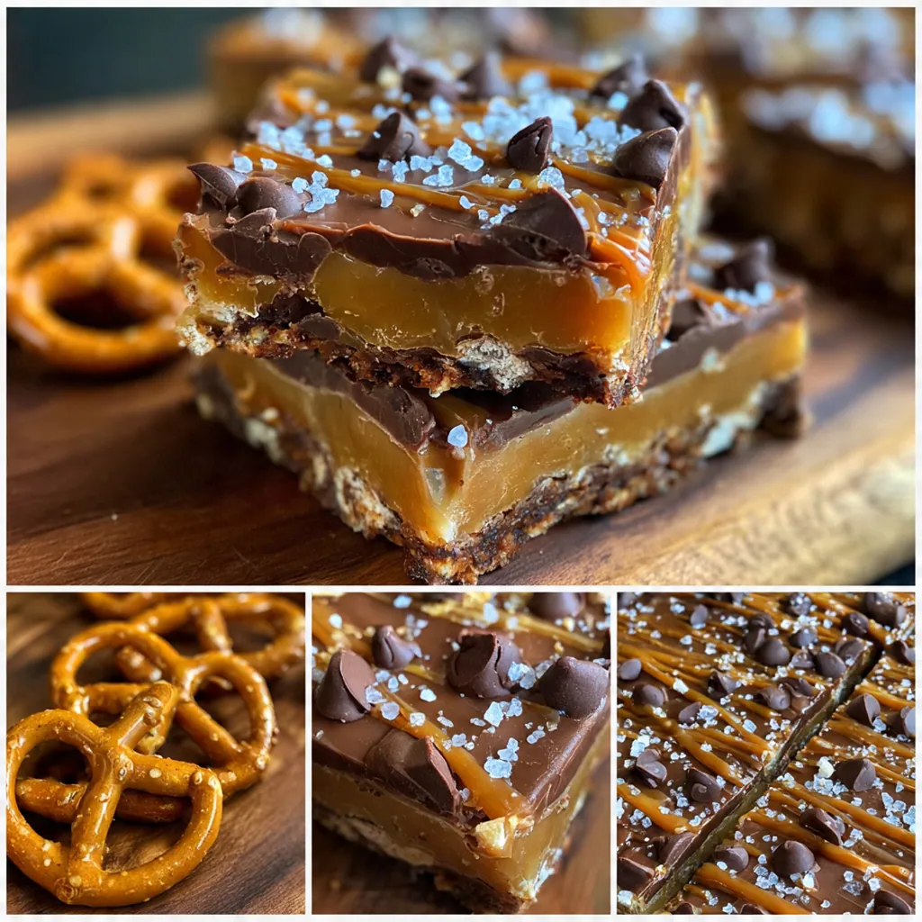Close-up of a square showing layers of chocolate, gooey caramel, and salty pretzel crust