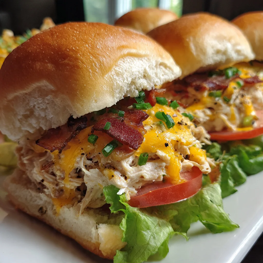 Overhead shot of the creamy chicken and bacon mixture being spread over soft slider buns in a baking dish