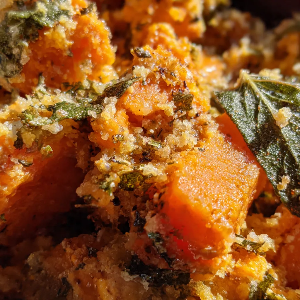 Close-up view of the creamy casserole topping with crispy sage leaves and a drizzle of brown butter