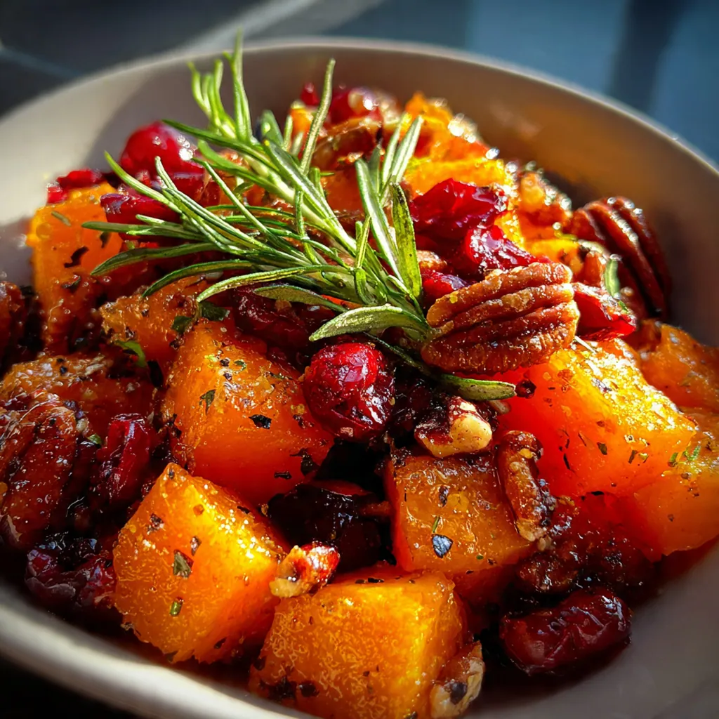Close-up of caramelized squash cubes glistening with maple balsamic glaze and fresh parsley