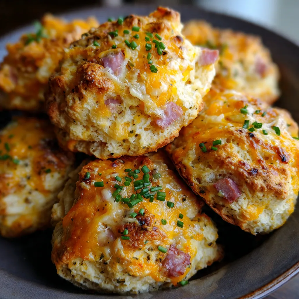 Freshly cut Ham Cheese Butter Swim Biscuits with glistening butter tops and savory fillings ready to serve