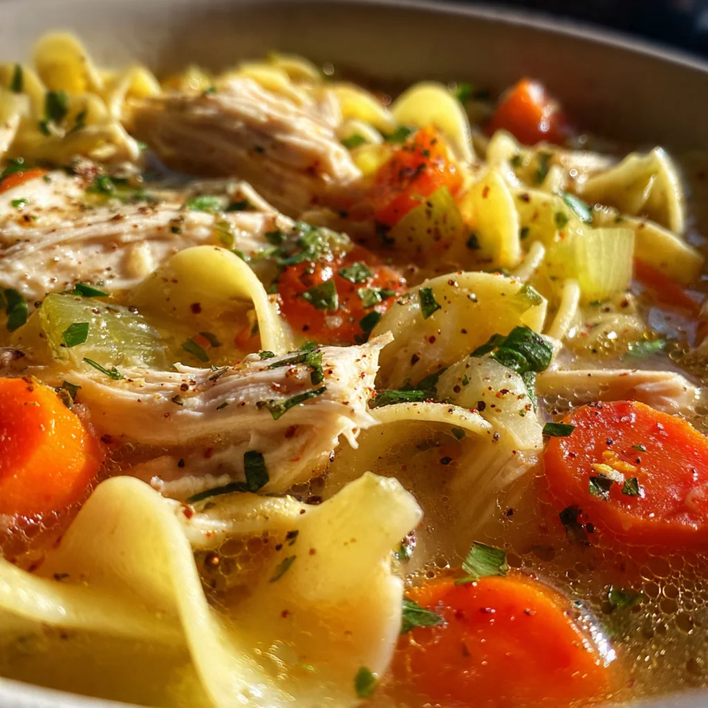 Close-up of a spoon lifting tender shredded turkey and soft noodles from a rich, golden broth