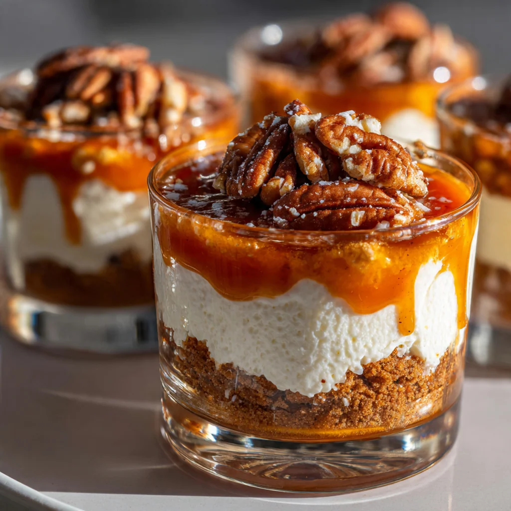 Close-up view of a spoon dipping into a caramel-drizzled pumpkin cheesecake trifle with crunchy pecan topping