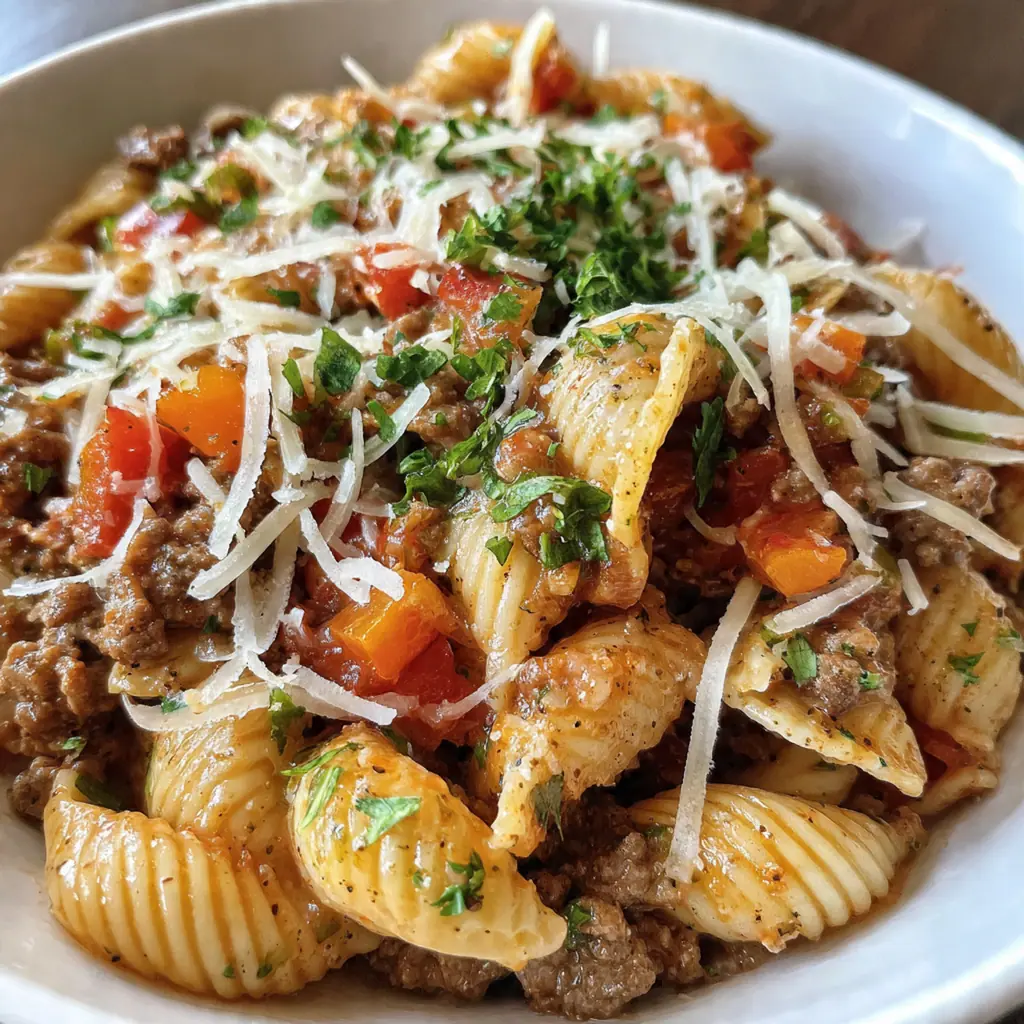 Close-up of a serving spoon lifting layers of creamy noodles savory beef and tangy sauce