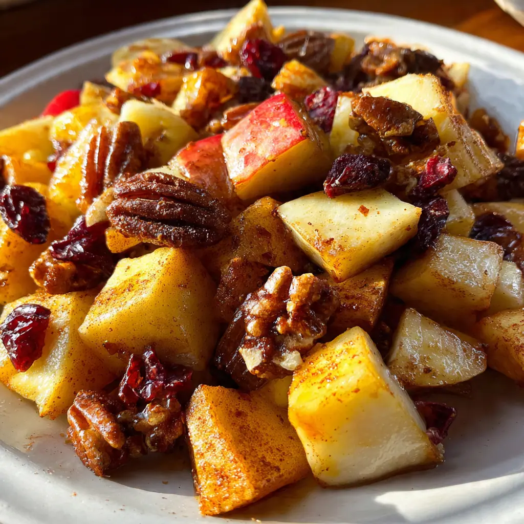 Close-up of tender apple slices coated in a glossy, spiced brown sugar syrup